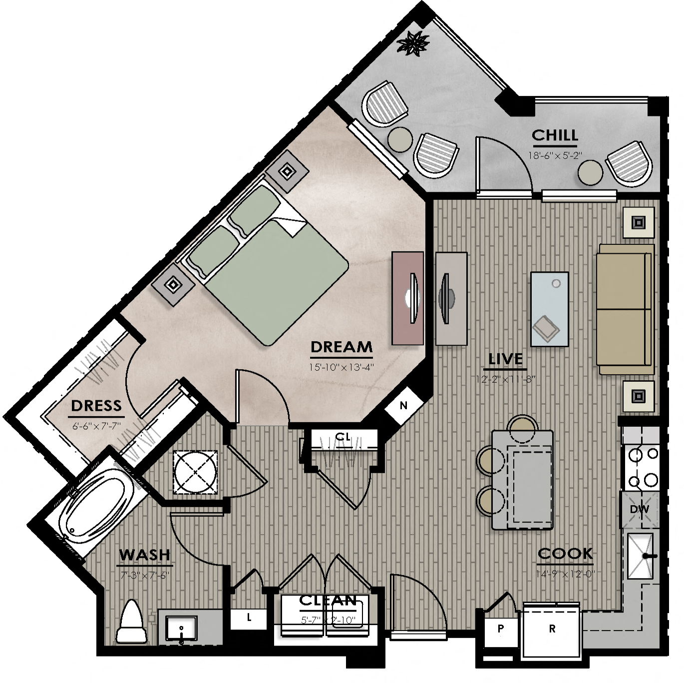 Floor plan for 1 bed, 1 bath, 797 sqft